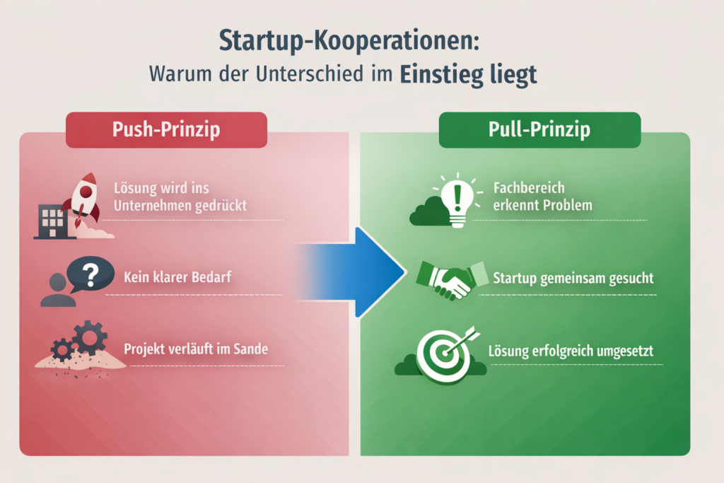 Infographic on startup collaborations within the company: A comparison of the "push" approach—without a clear need—and the "pull" approach—with department-driven collaboration and successful implementation